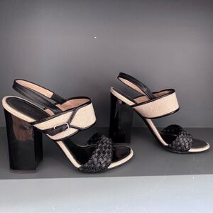 Proenza Schouler Beige and Black Woven Block Heel Slingback Sandals 37